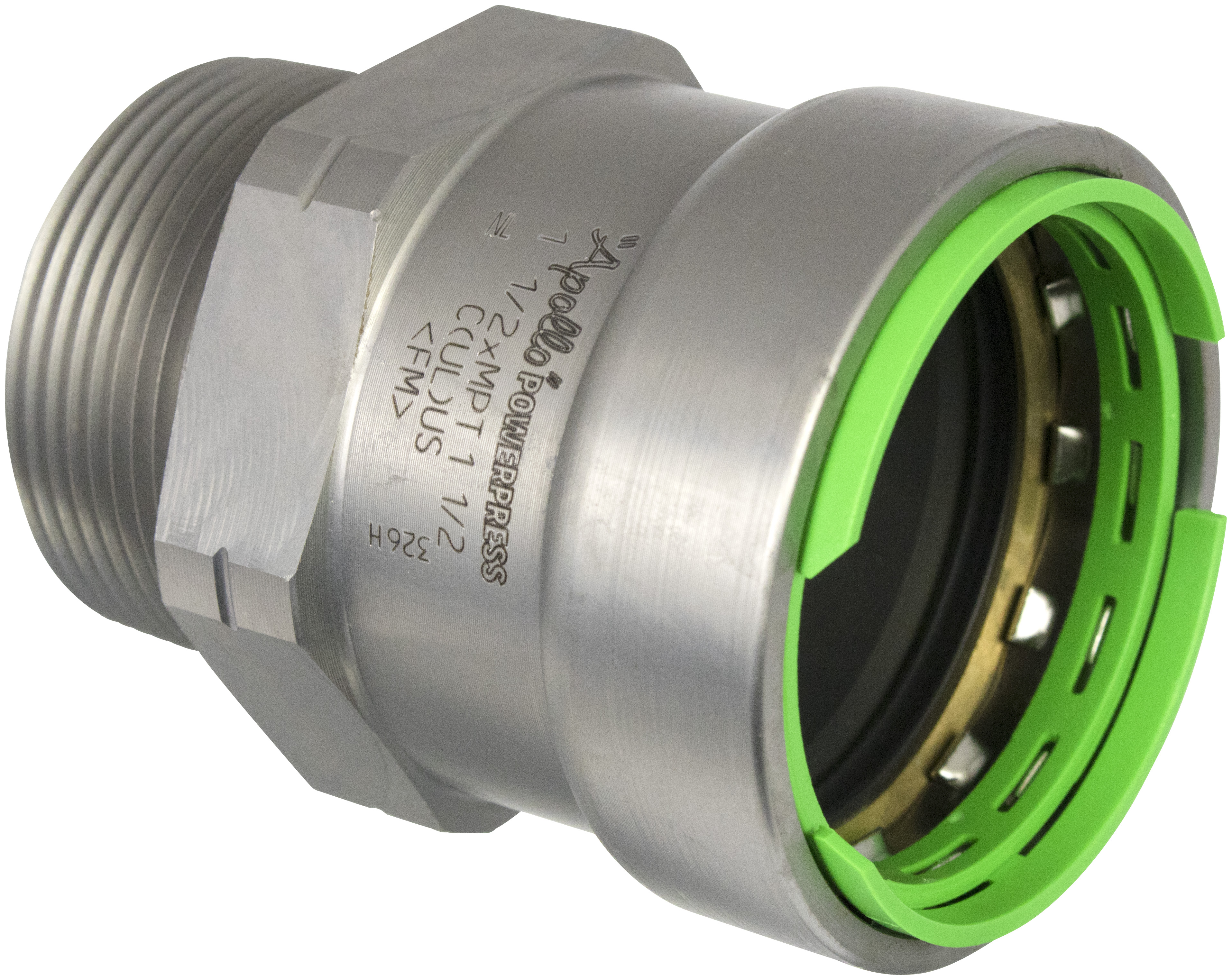 1-1/2 APOLLO POWERPRESS ADAPTER - MALE -  P X MPT -  1-1/2 -  CARBON STEEL (ZNNI COATED) -  EPDM SEALING ELEMENT -  VISUAL CONTROL RING TECHNOLOGY (GREEN) -  MODEL NO. 404